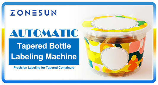 PRECISION LABELING FOR TAPERED CONTAINERS WITH ZONESUN ZS-TB880 AUTOMATIC TAPERED BOTTLE LABELING MACHINE