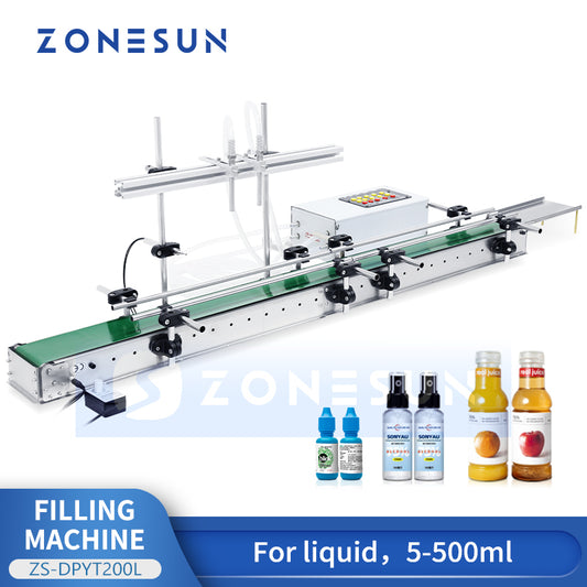 ZONESUN ZS-DPYT200L 5-500ml Automatic 2 Heads Liquid Filling Machine With Longer Conveyor