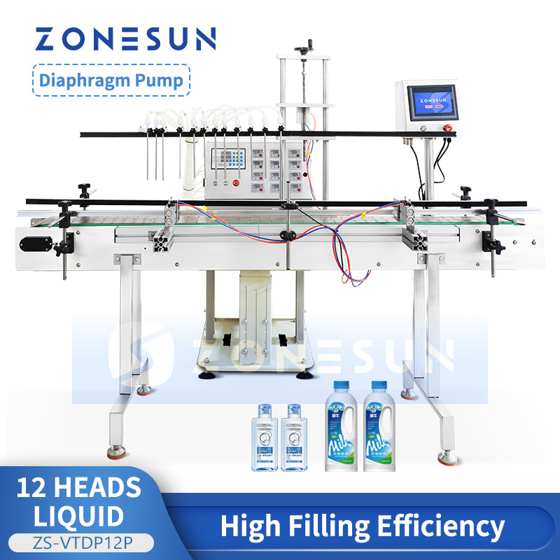 ZONESUN ZS-VTDP12P 12 Nozzles Diaphragm Pump Liquid Filling Machine With Conveyor