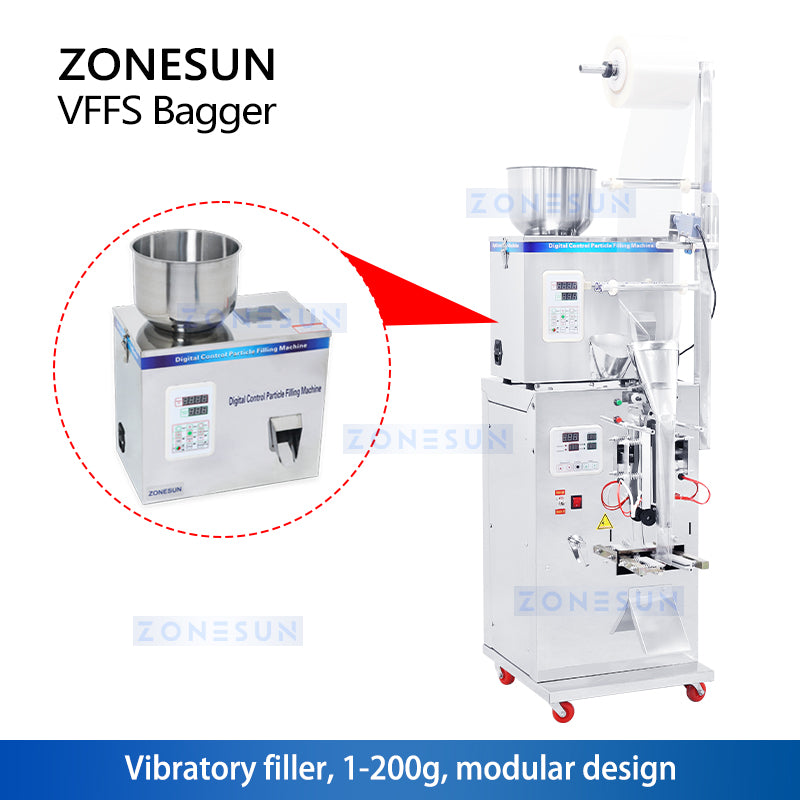 ZONESUN ZS-GZ200 Máquina de llenado de polvo de pesaje y máquina de sellado de tres lados con impresora de fecha