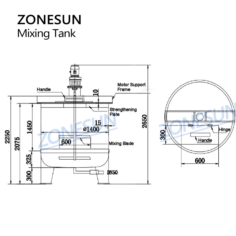 ZONESUN Chemical Mixing Tank Agitator Industrial Blender Corrosive Liquid Acid Alkali ZS-PPMT1500L