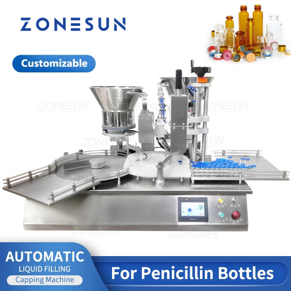 ZONESUN ZS-AFC20 Botella de penicilina automática Bomba peristáltica Máquina de llenado y tapado de líquidos con alimentador de tapas 