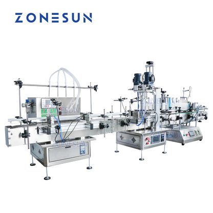 ZONESUN Desktop 4 Nozzles Liquid Filling Capping And Positioning Round Bottle Labeling Machine