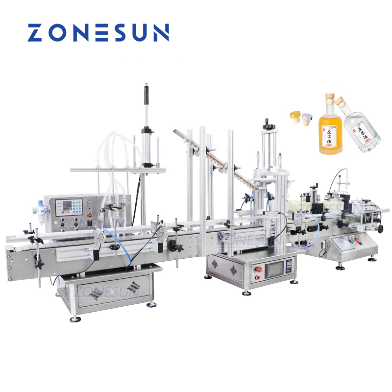 ZONESUN Pequeña bomba magnética automática Llenado de líquidos Tapado Máquina de etiquetado de botellas redondas