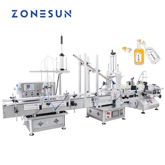 ZONESUN Pequeña bomba magnética automática Llenado de líquidos Tapado Máquina de etiquetado de botellas redondas