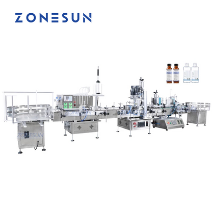 ZONESUN Tabletop 4 Nozzles Peristaltic Pump Filling Capping Labeling Machine With Bottle Unscrambler