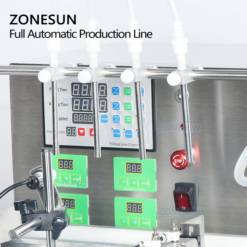 ZONESUN Desktop 4 Nozzles Liquid Filling Capping And Positioning Round Bottle Labeling Machine