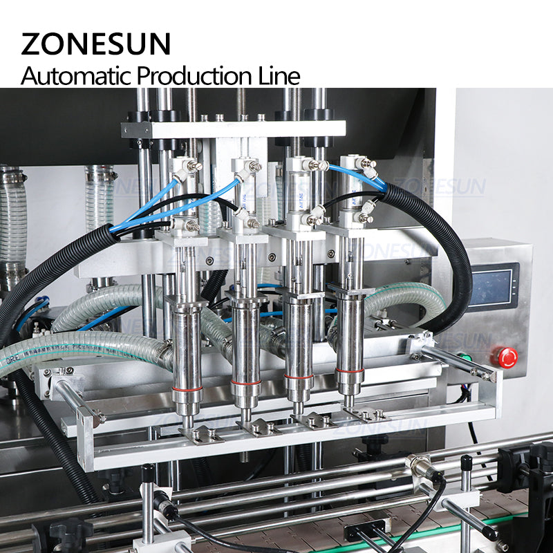 ZONESUN Custom 4 cabezales Servo Llenado de líquidos Tapado y etiquetadora plana cuadrada