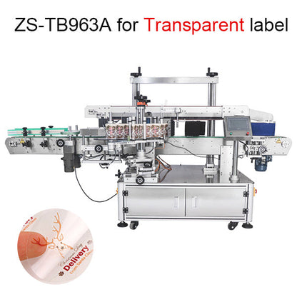 Máquina etiquetadora de botellas cuadradas redondas de doble cara ZONESUN ZS-TB963 para etiquetas transparentes normales 