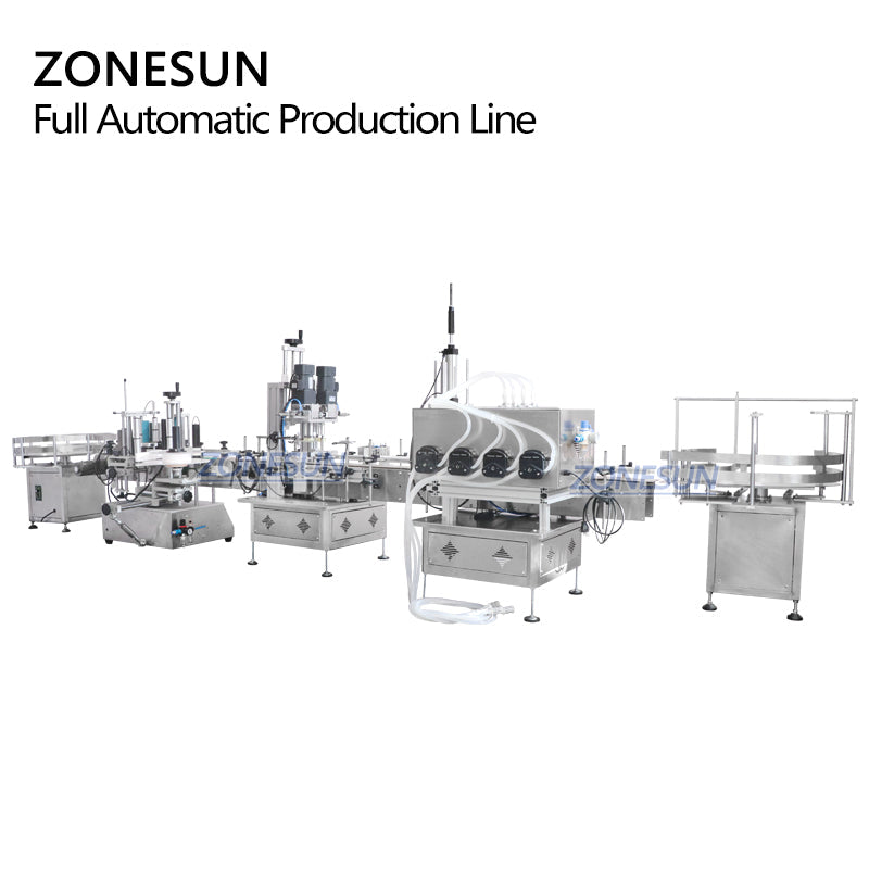 ZONESUN Tabletop 4 Nozzles Peristaltic Pump Filling Capping Labeling Machine With Bottle Unscrambler