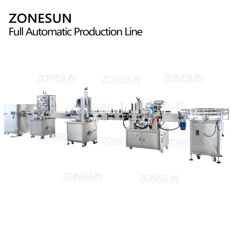 ZONESUN Fully Automatic 4 Heads Magnetic Pump Round Bottles Liquid Filling Capping Labeling Machine