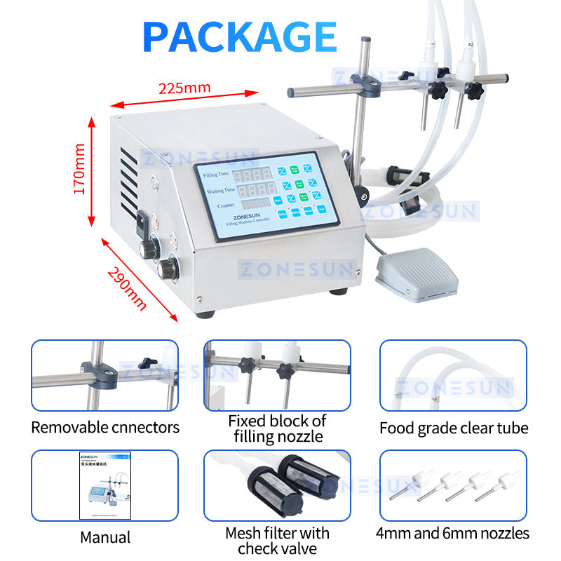 ZONESUN ZS-DPYT2P Máquina semiautomática de llenado de líquidos con bomba de diafragma de 2 boquillas